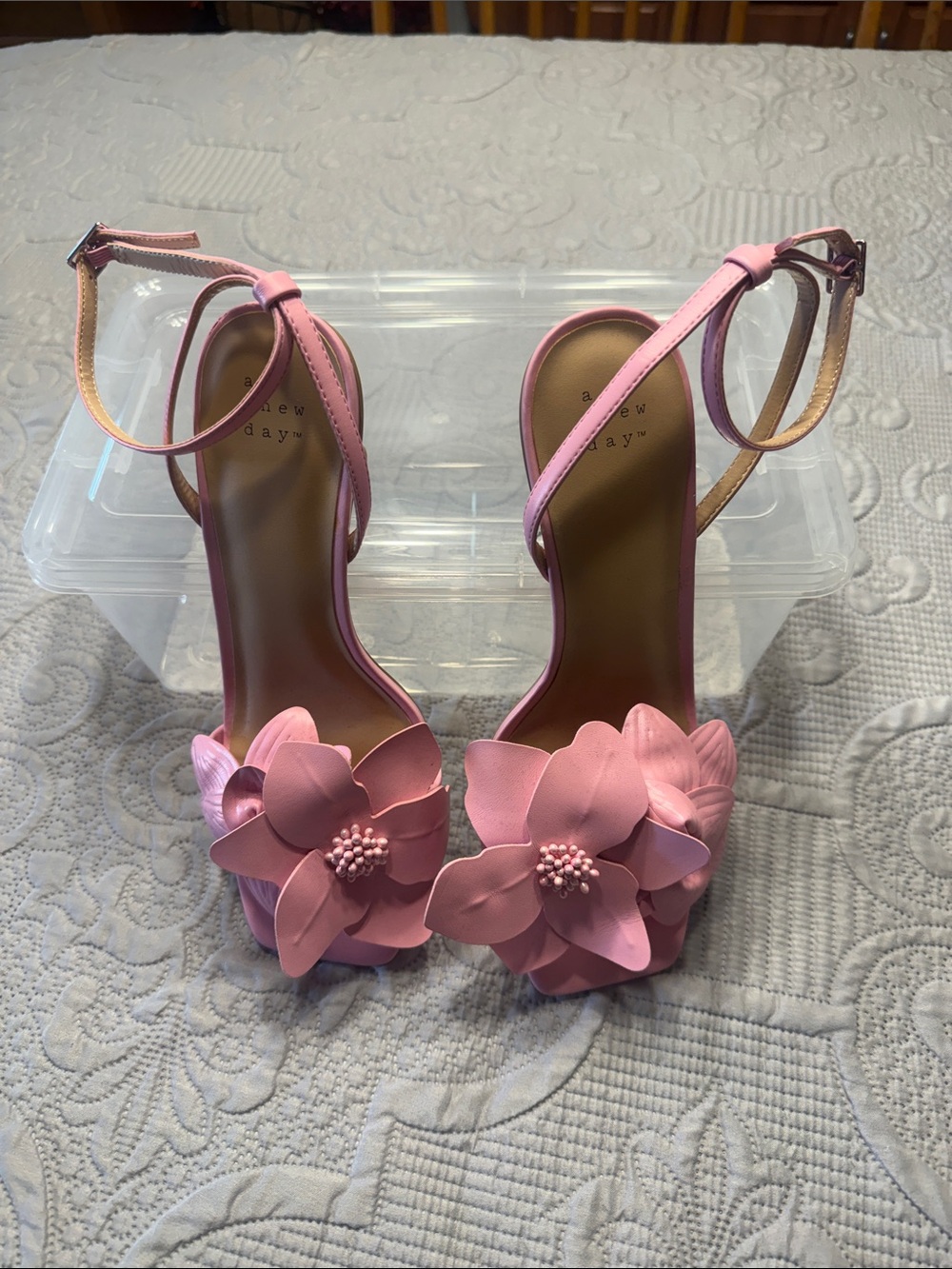 a new day Pink Floral Ankle-Strap Open-Toe Heels NWOT